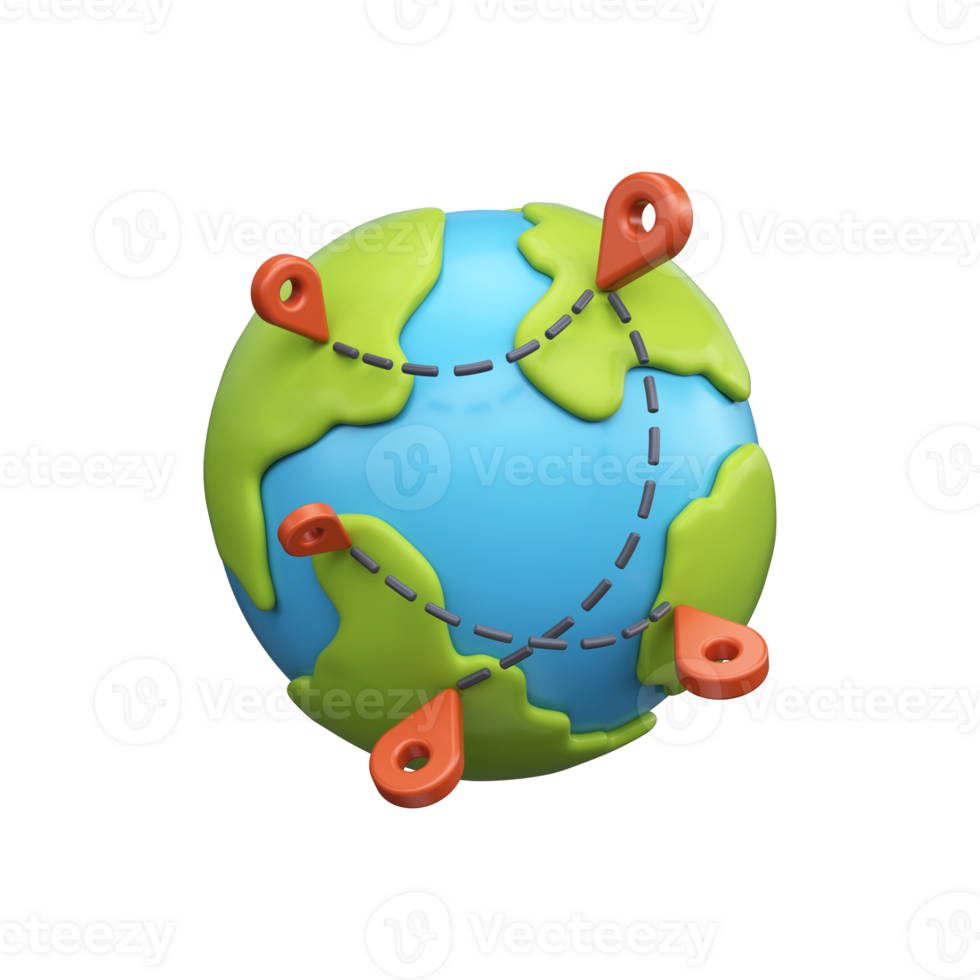 3D illustration of a globe with location points on a map. Movement or delivery tracking icon. png