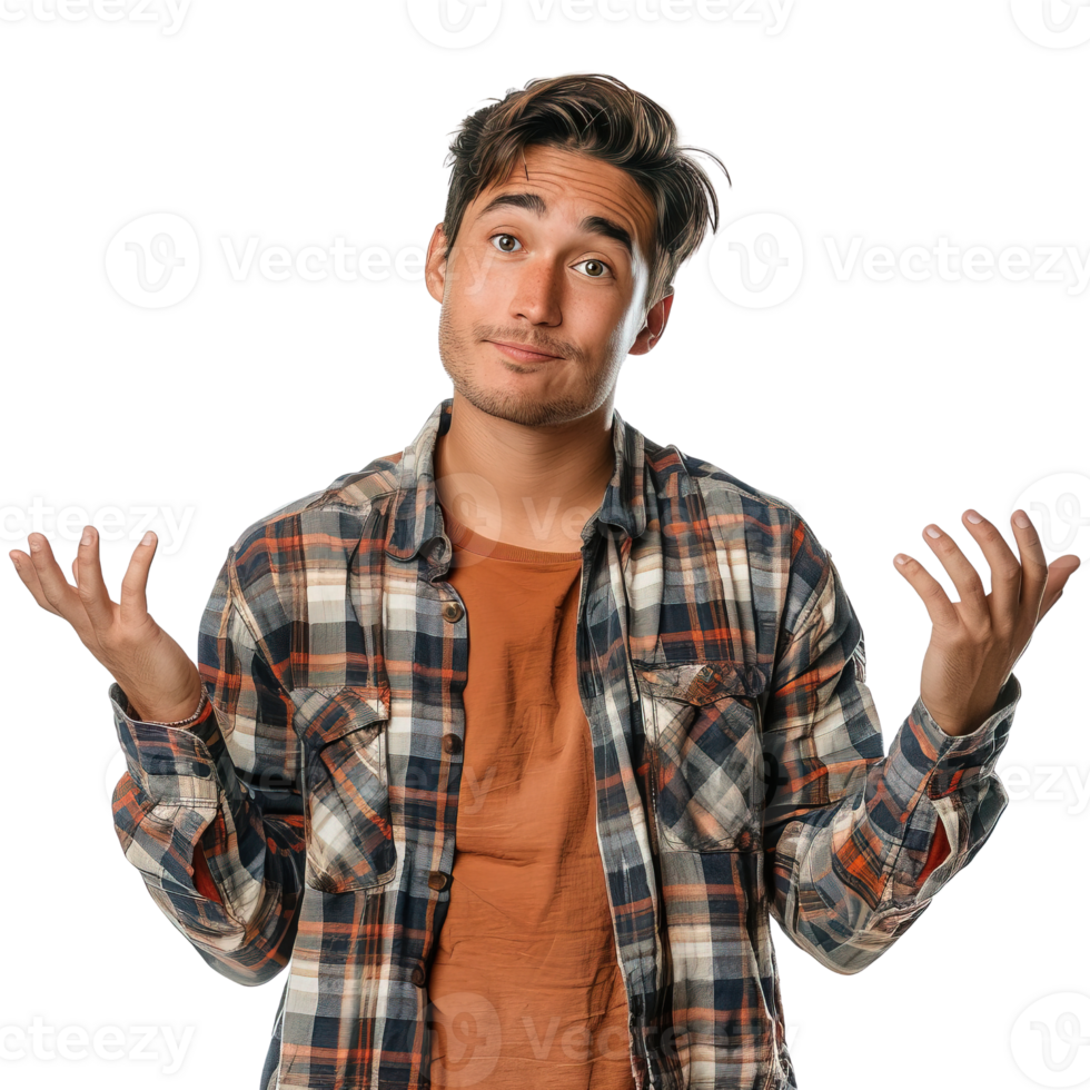 A man in a plaid shirt is making a face png
