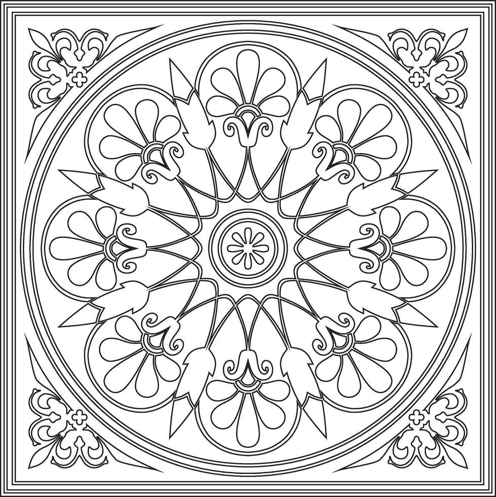 black monochrome classic Greek square outline ornament. Rectangle of Ancient Greece and Roman Empire. Byzantine painting of walls, floors and ceilings. Template for stained glass. vector
