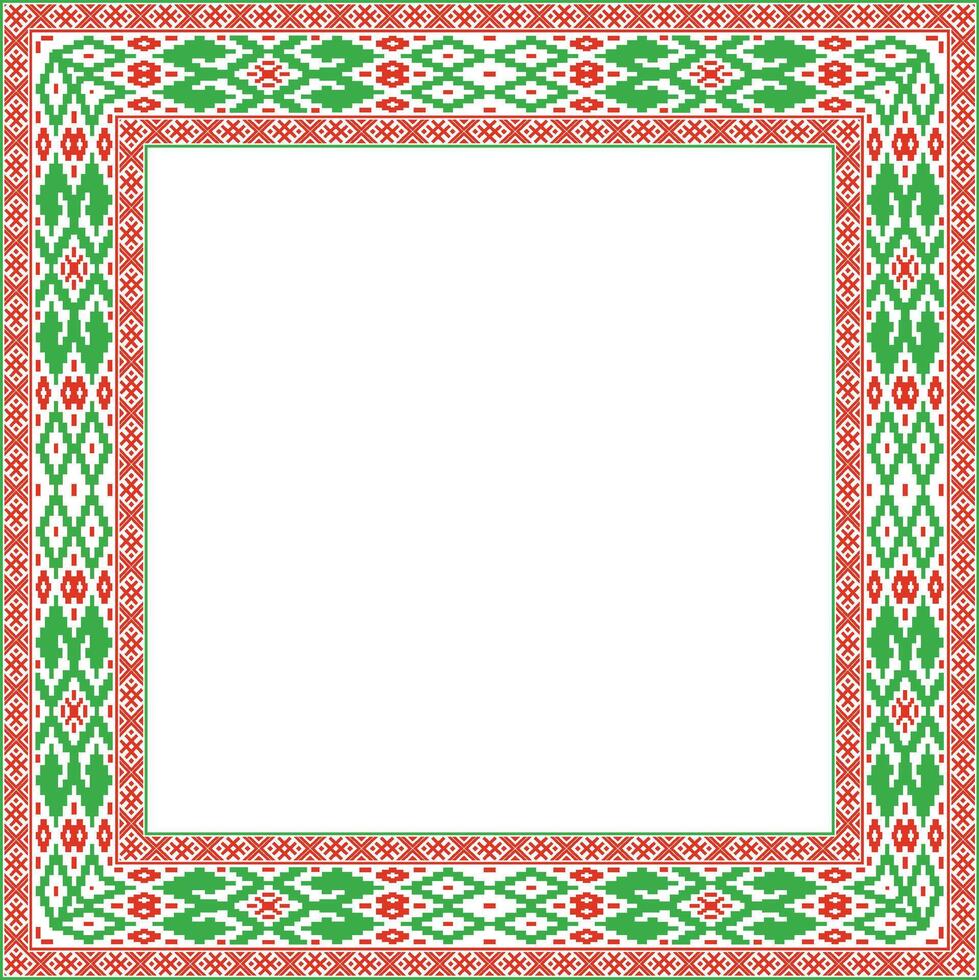 red green square belarusian national ornament frame. Ethnic pattern rectangle of Slavic peoples, Russian, Ukrainian, Serb, Pole, Bulgarian. Cross stitch template vector