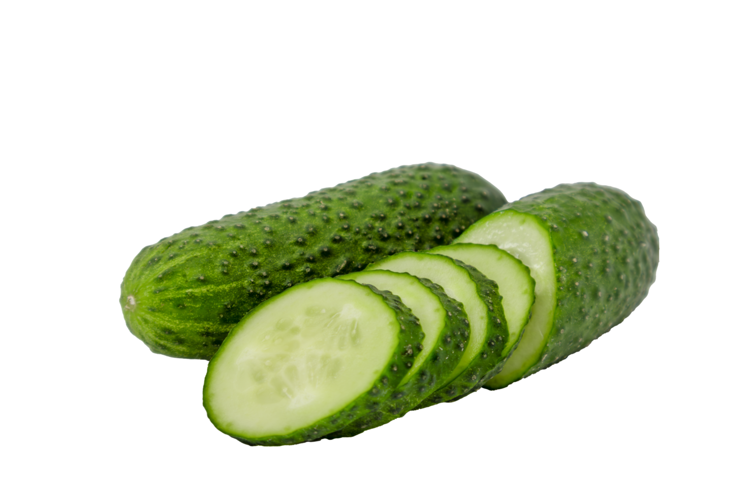 Fresh cucumber on transparent background with sliced pieces png