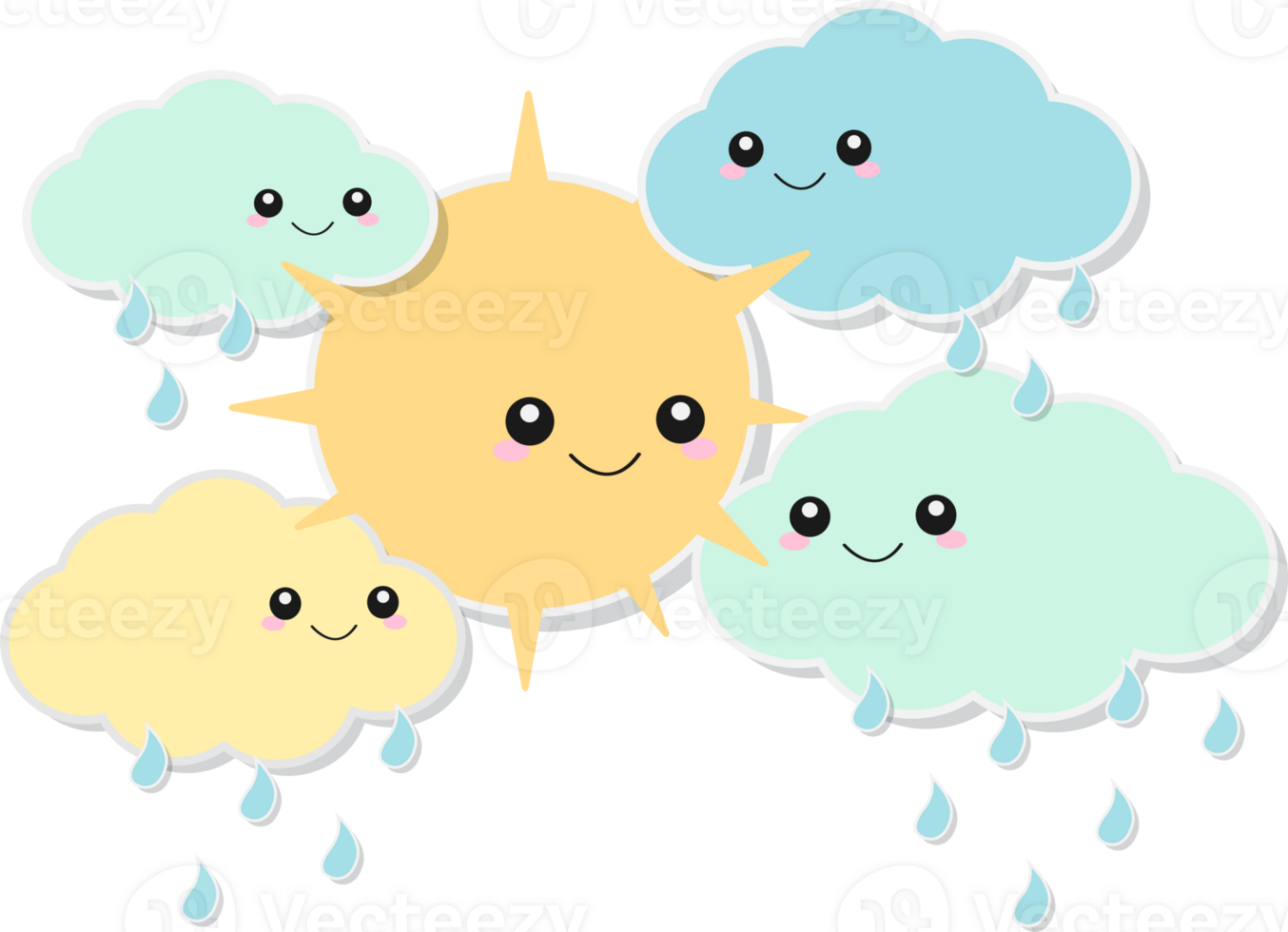 Four cartoon clouds with rain and sun png