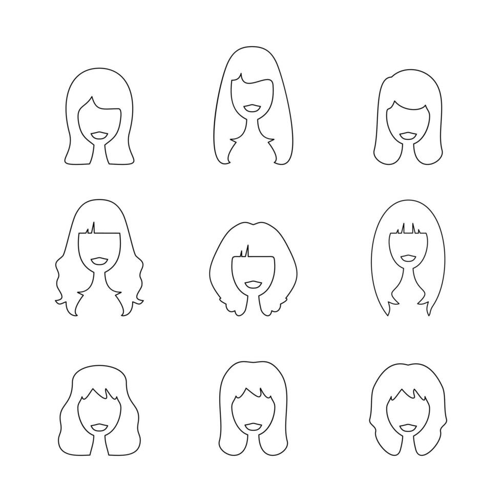Woman with hair doodle line sign icon collection. outline style. isolated illustration vector