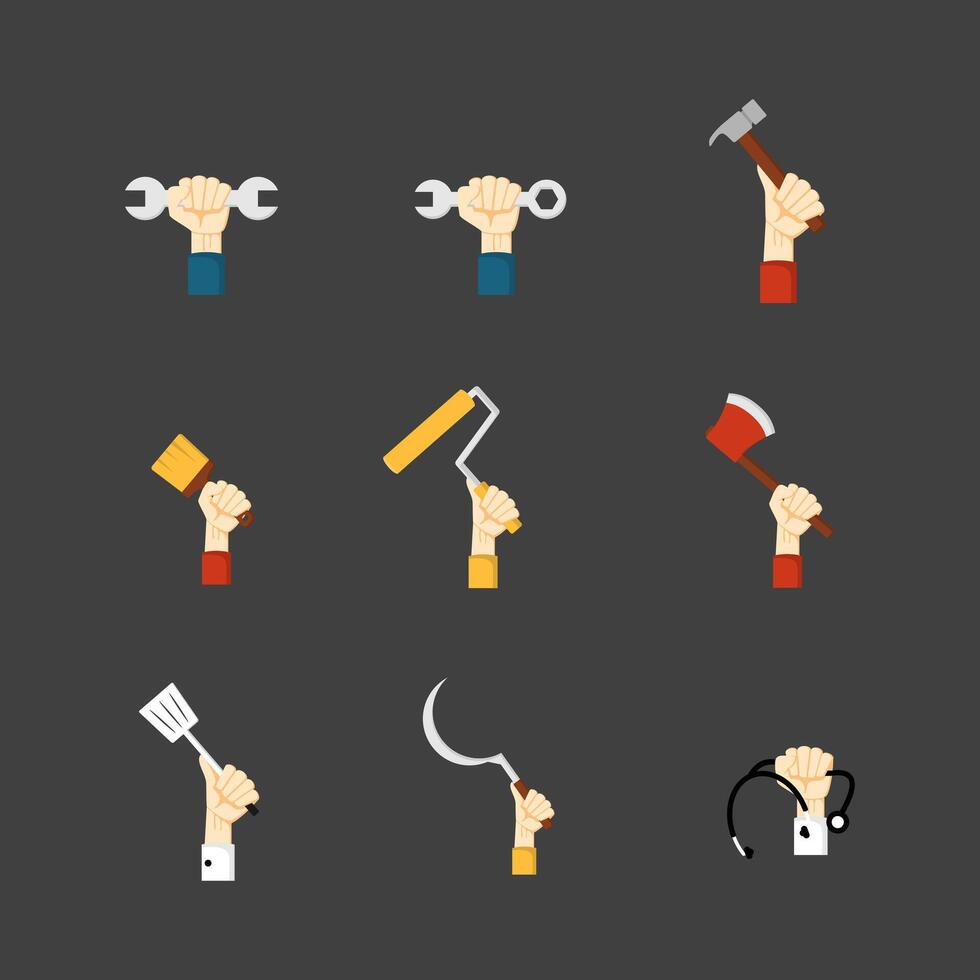 hand with work tools icon flat style. collection of isolated cartoon illustrations vector