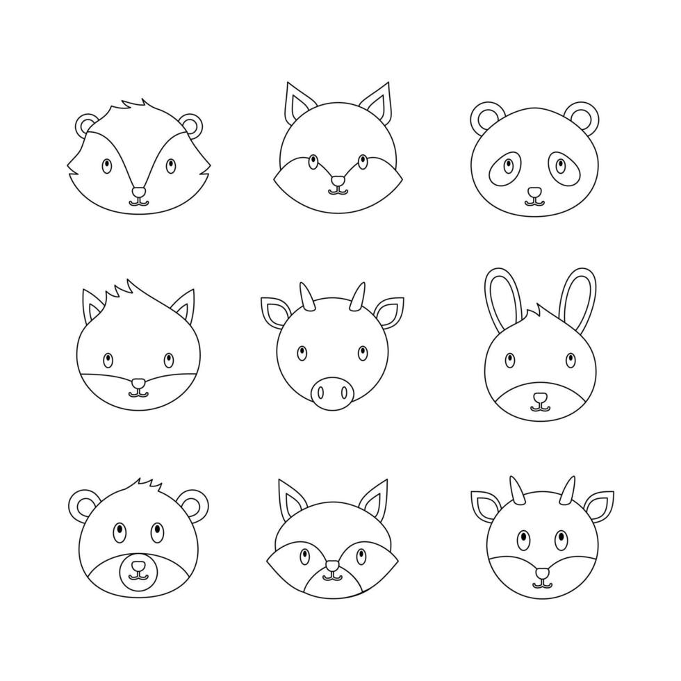 Animal faces doodle line symbol sign icon collection. outline style. isolated illustration vector