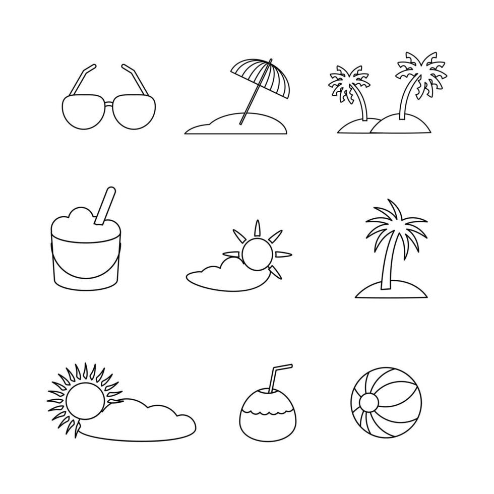Beach doodle line symbol sign icon collection. outline style. isolated illustration vector