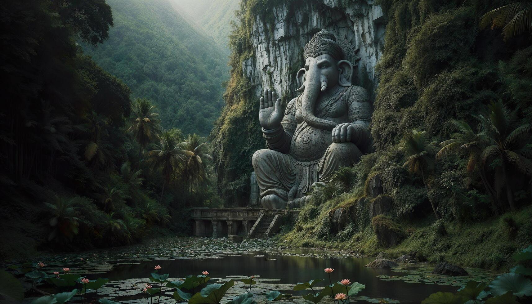 A large statue of ganesha sits in the middle of a river photo