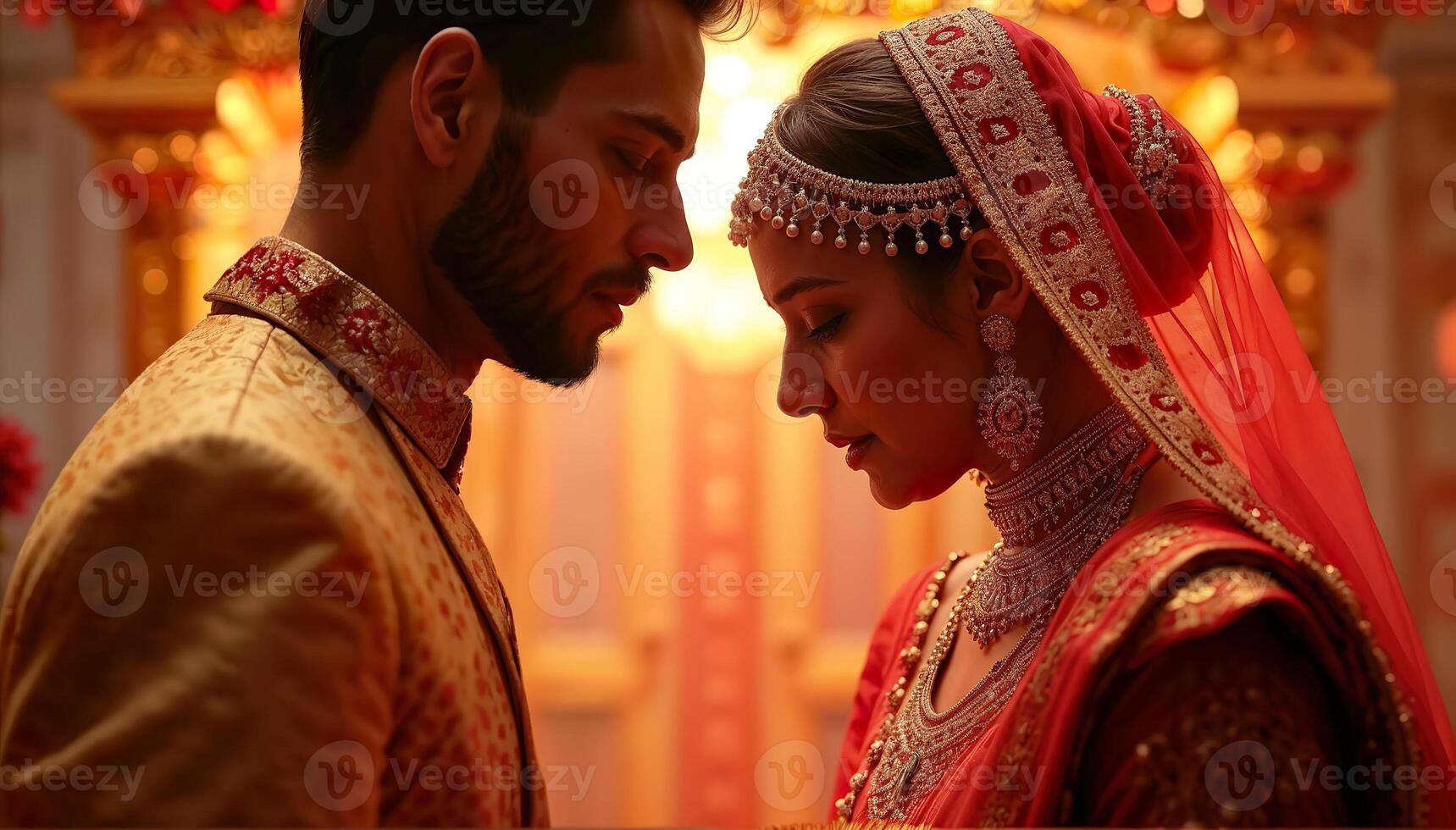 The couple is dressed in traditional attire and are looking at each other photo