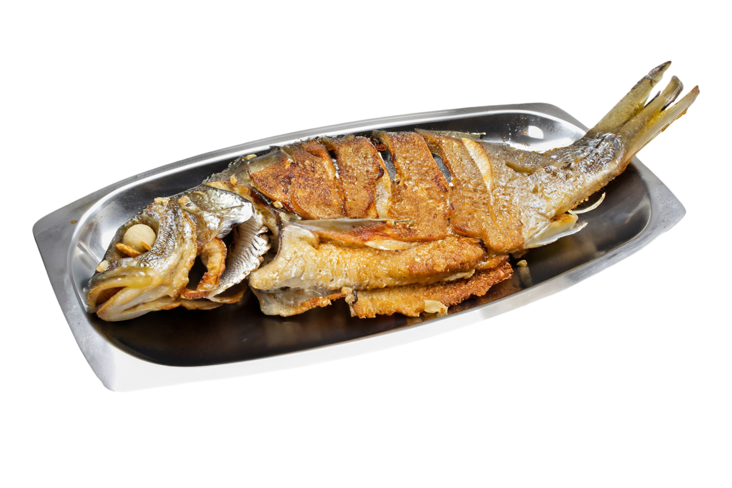 Roasted fish on a plate isolated on a transparent background. png