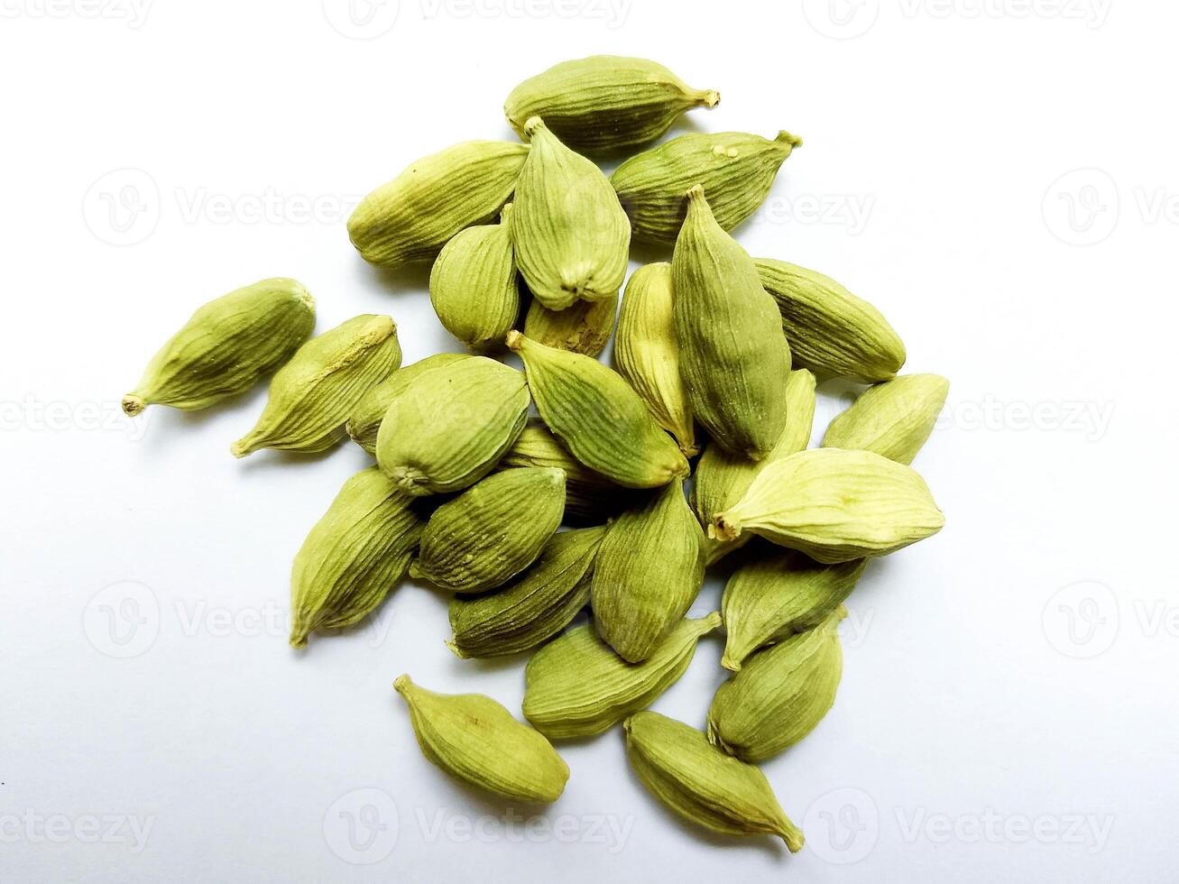 Green Cardamom in a circle shape isolated on white background - Green Ilaichi on white backgroun photo