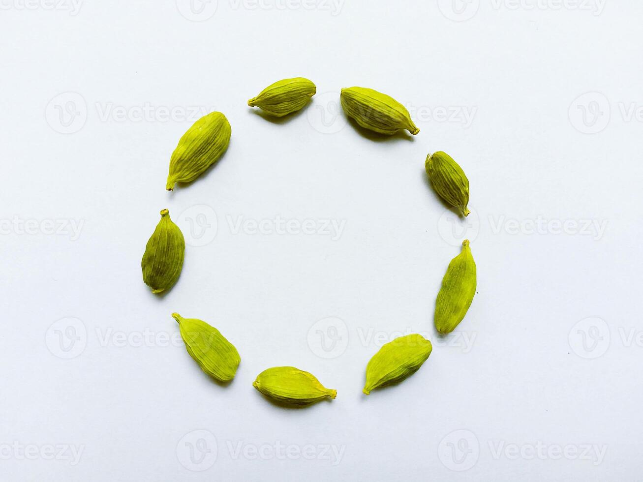 Green Cardamom in a circle shape isolated on white background photo