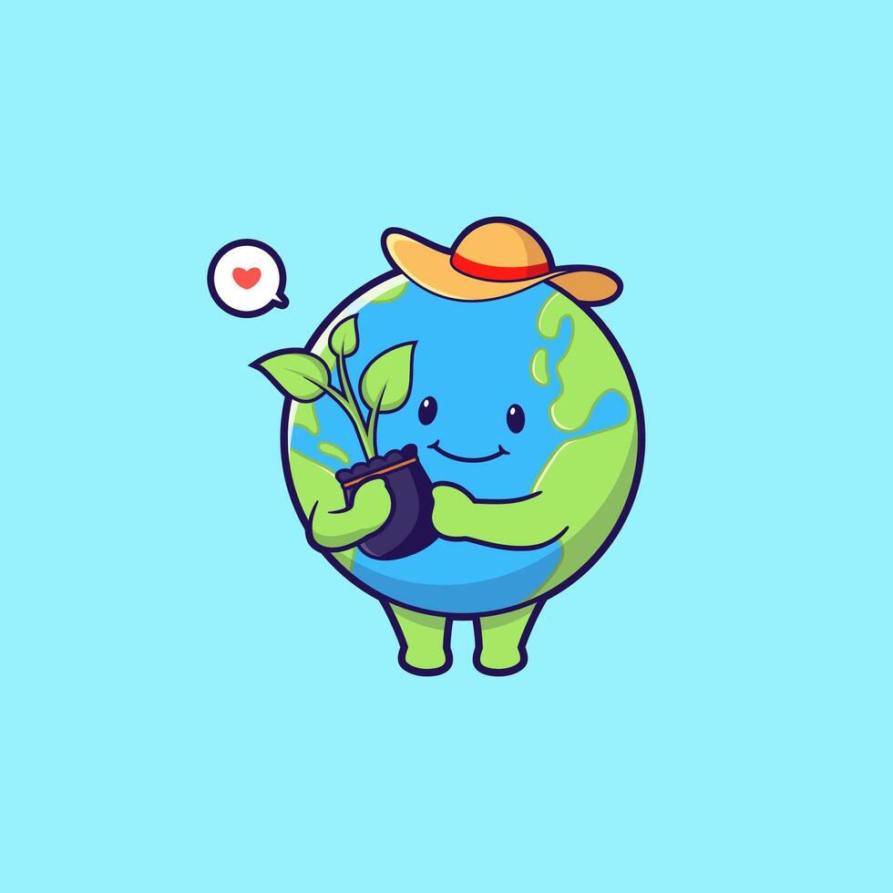 Cute gardening earth globe cartoon with tiny plants. World mascot icon concept. Flat style cartoon logo mascot illustration. vector