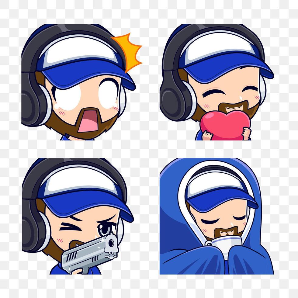 Bearded gamer esport cartoon expression set isolated on white background vector
