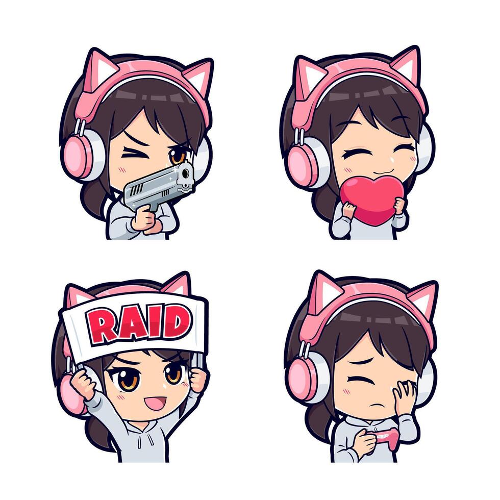 Cute chibi anime gamer girl mascot logo icon and badges set vector