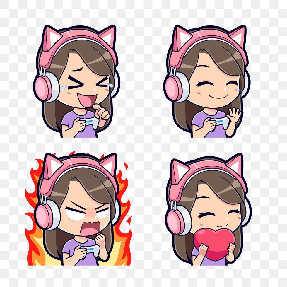 Set of cute chibi gamer girl emotions sticker and icon illustration vector