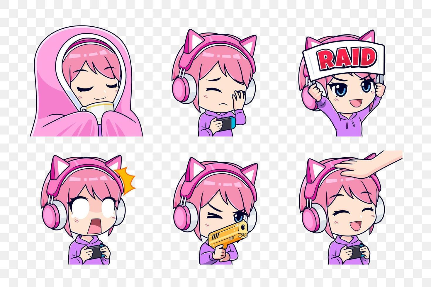 Set of anime streamer gamer girls expression stickers or badges. illustration vector