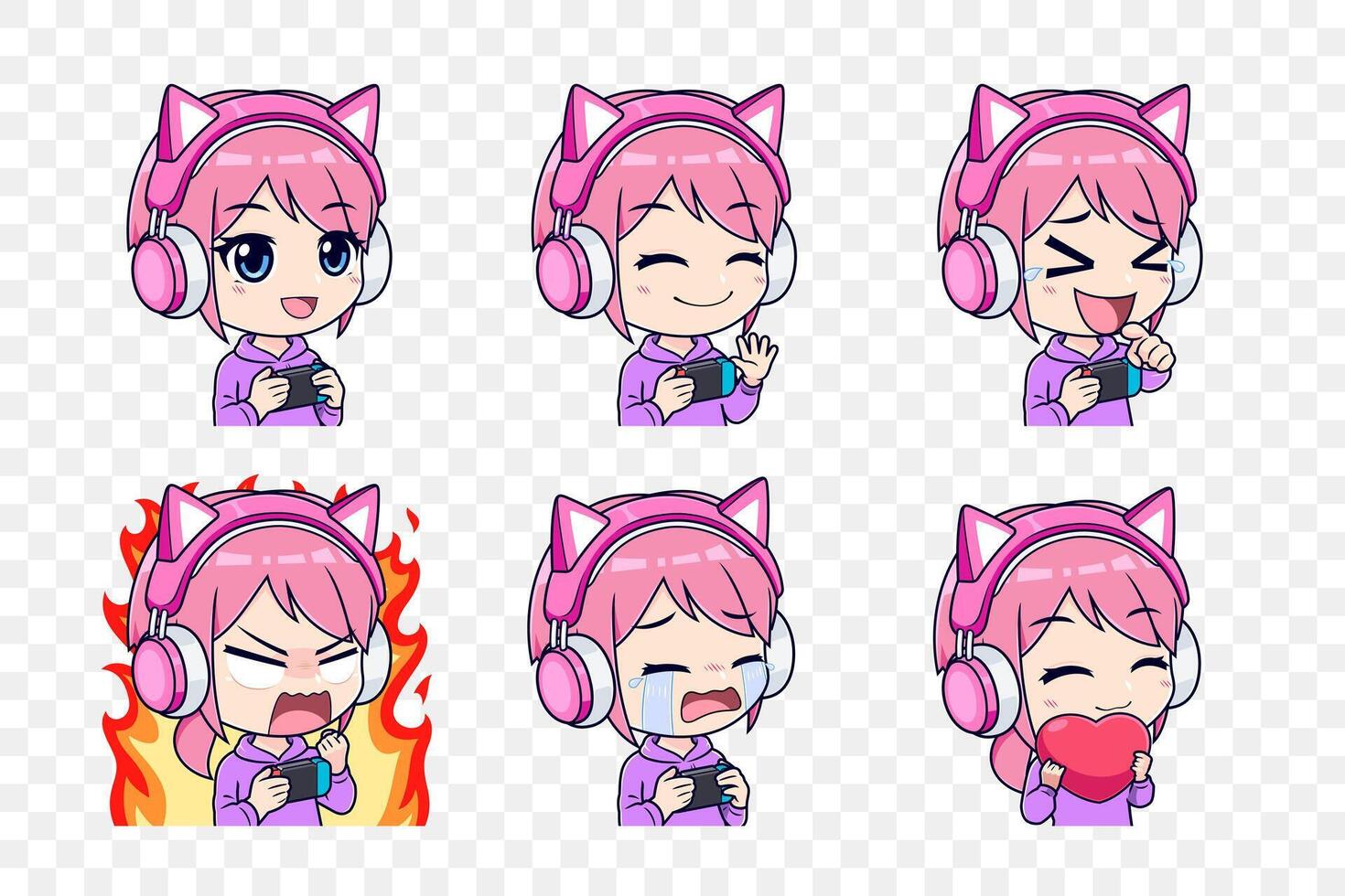 Set of pink gamer girls with face expression stickers or badges. illustration vector