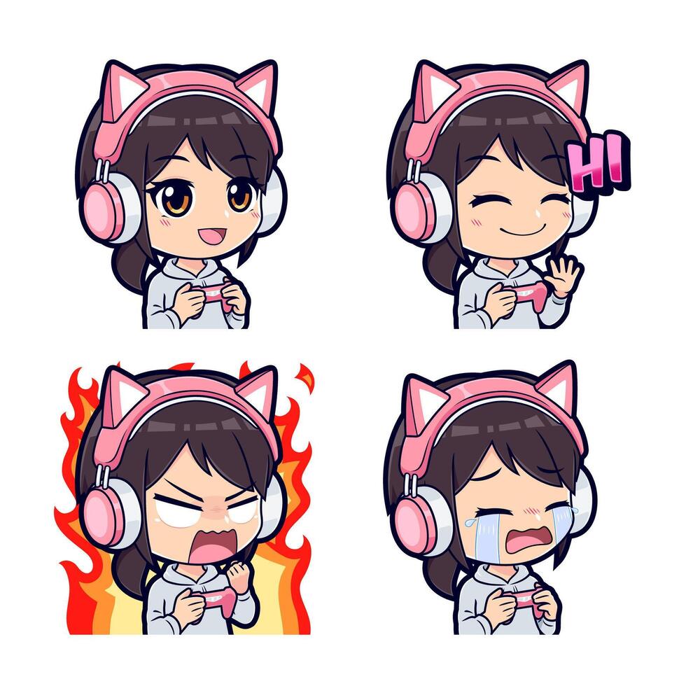 Set of cute chibi gamer girl mascot logo stickers vector
