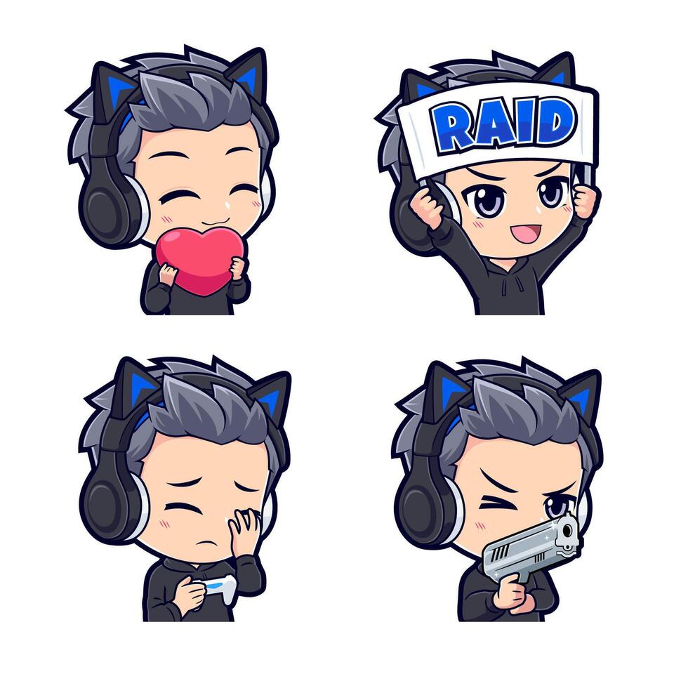Anime gamer boy cartoon mascot logo sticker and badge set vector