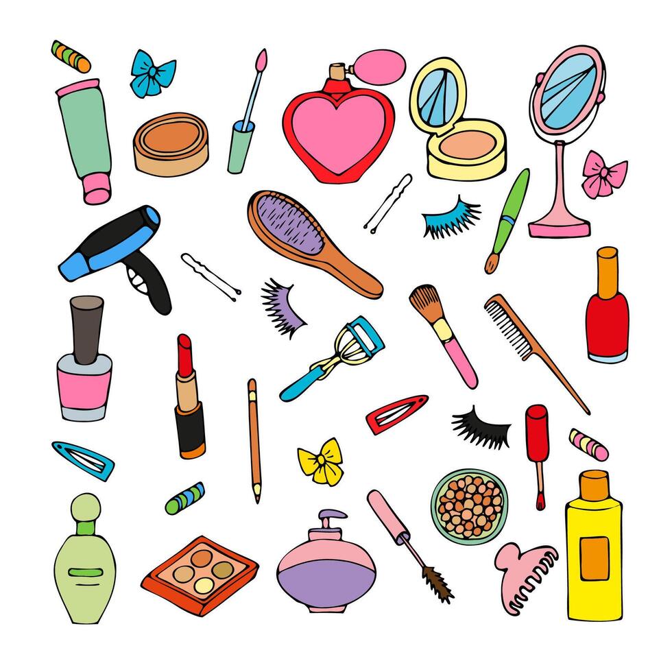 A set of colored cartoon objects of cosmetic products and perfumes, drawn in a cartoon style. Makeup supplies and skin care products flat objects on white background vector