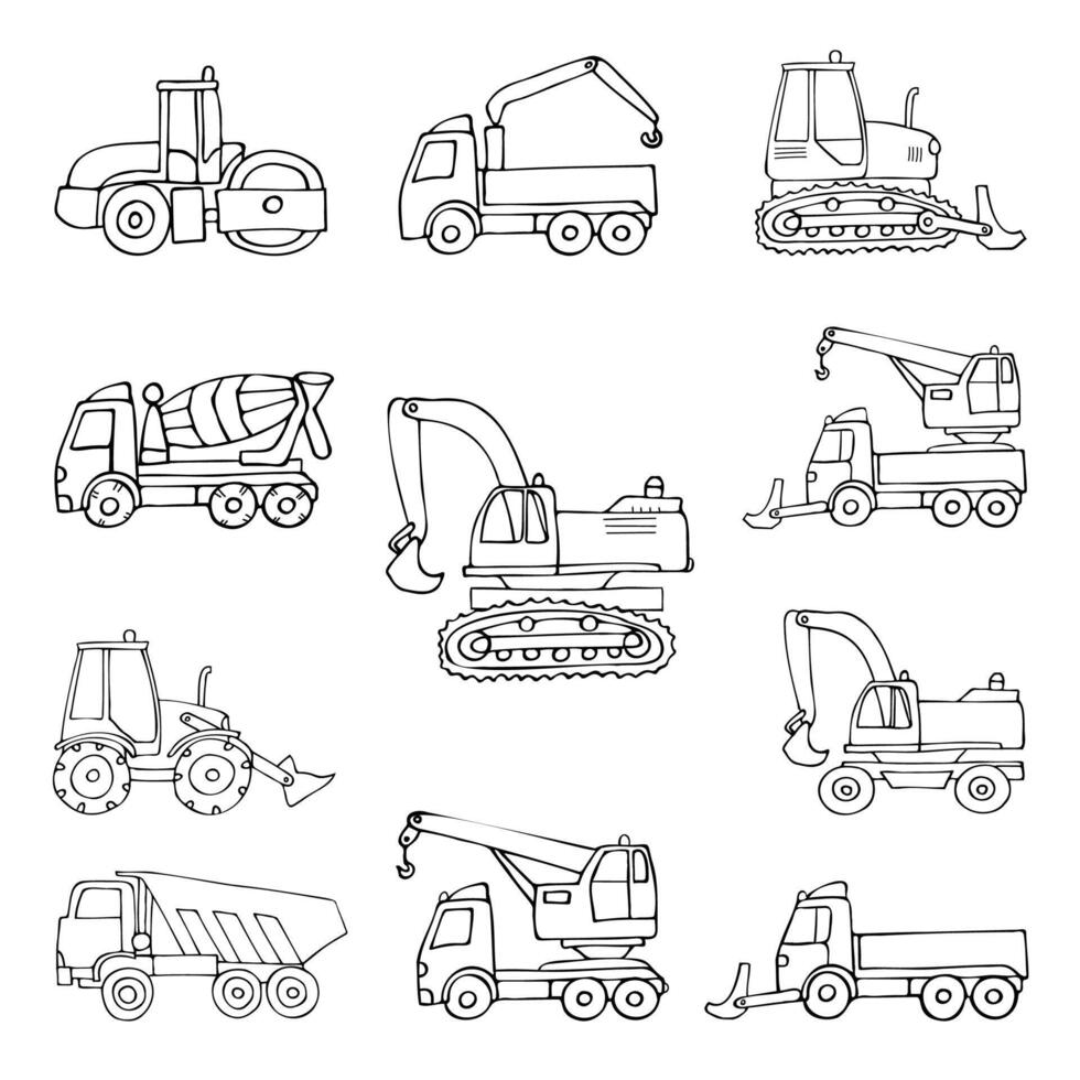 set of construction and road equipment and transport, drawn in cartoon style on a white background. vector