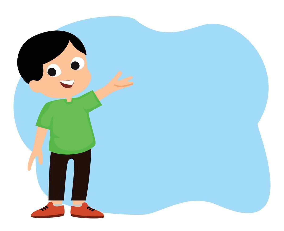 happy cute kid boy with pointing finger at the blank background vector