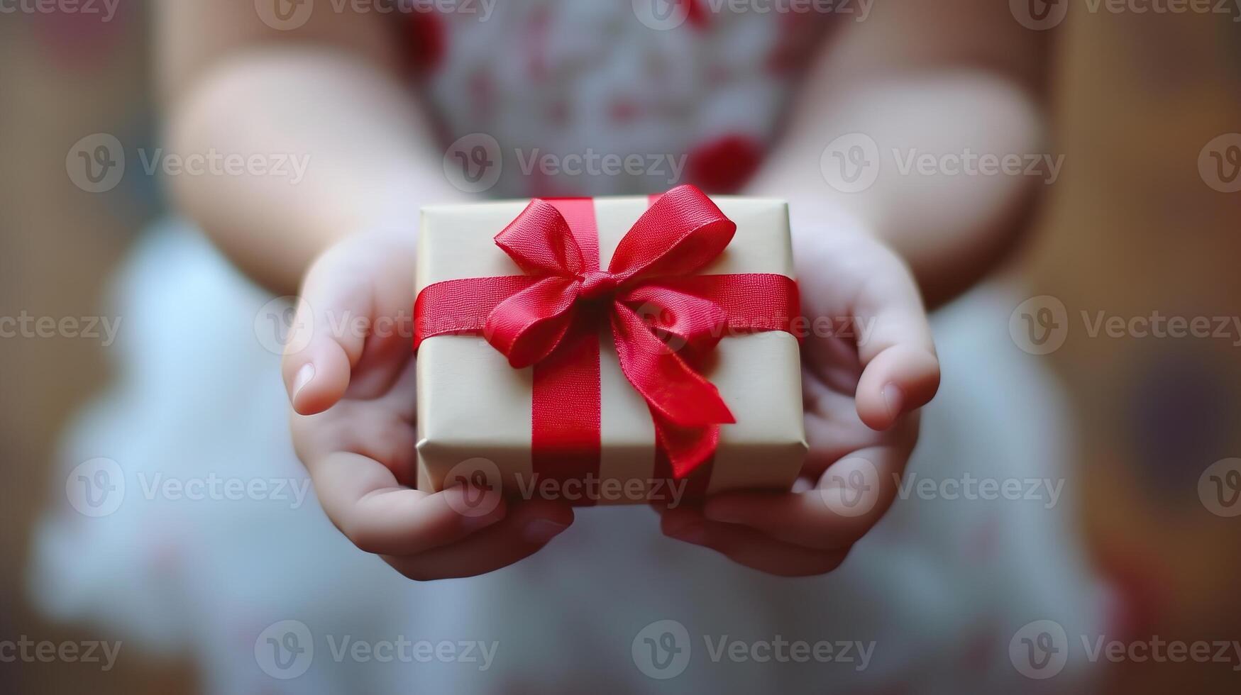 Small cute child holding present gift box with red ribbon photo