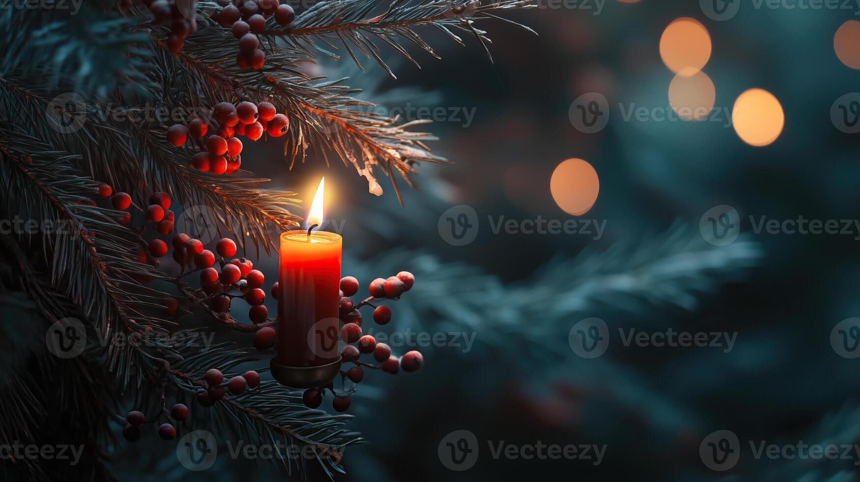 Close up of a candle in a spruce tree with berries photo