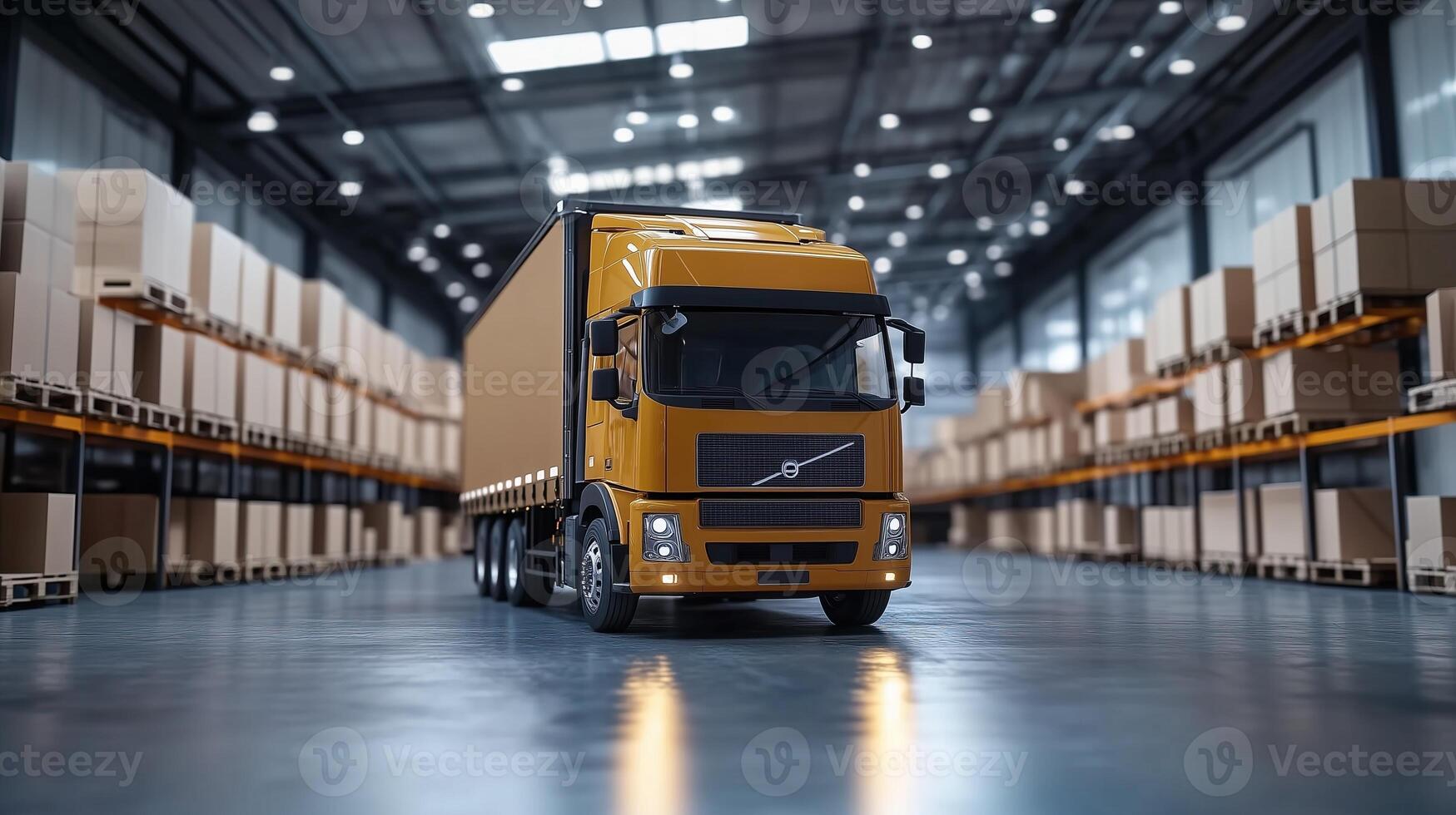 Modern truck filled with shipping boxes in a warehouse bay photo