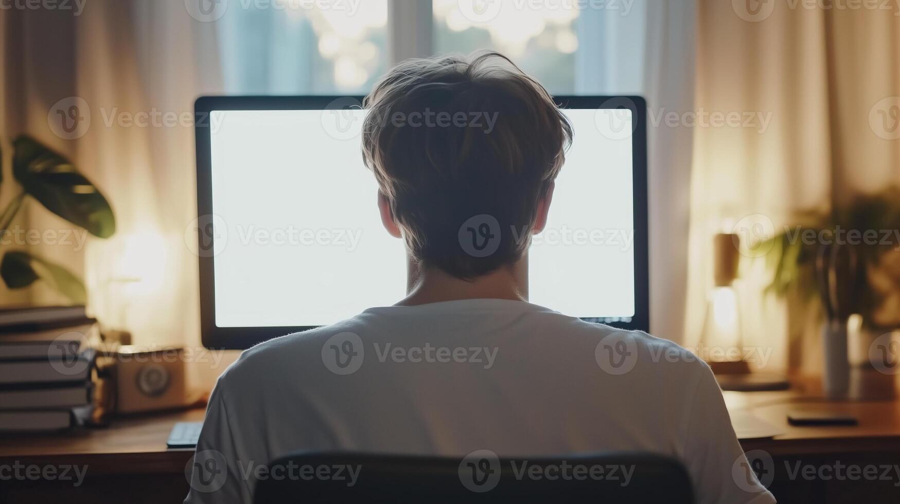 Over shoulder shot of a young man using computer laptop photo