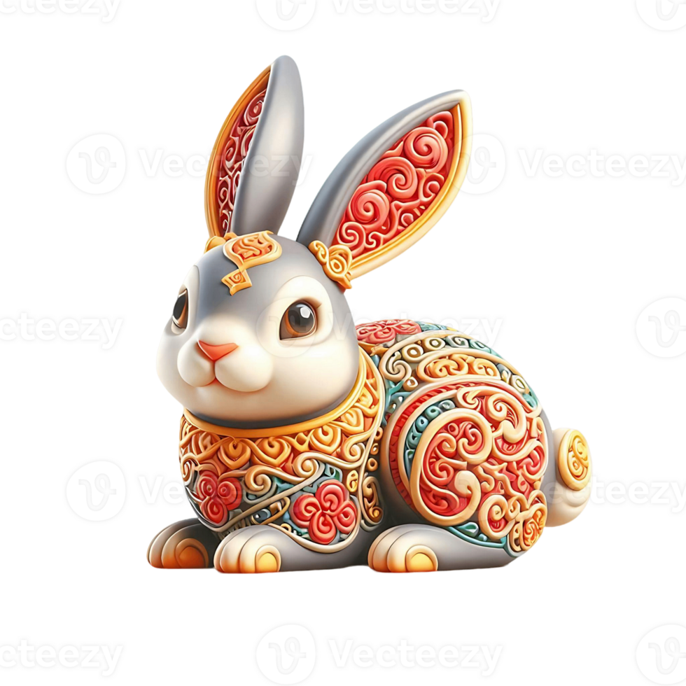 A figurine of a rabbit with a gold and red design png