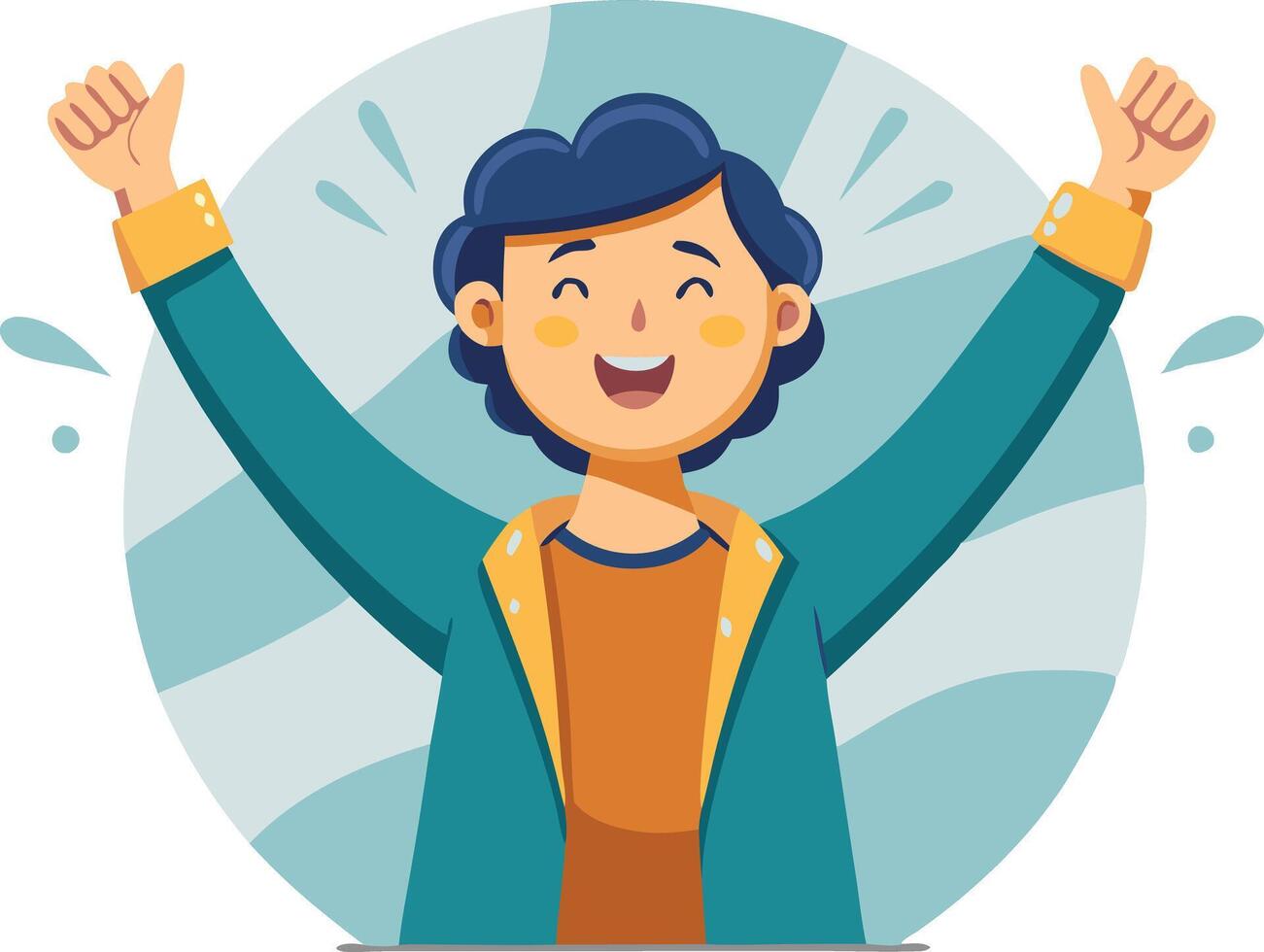 Boy celebrating with hands up, symbolizing excitement, joy, and personal victory vector
