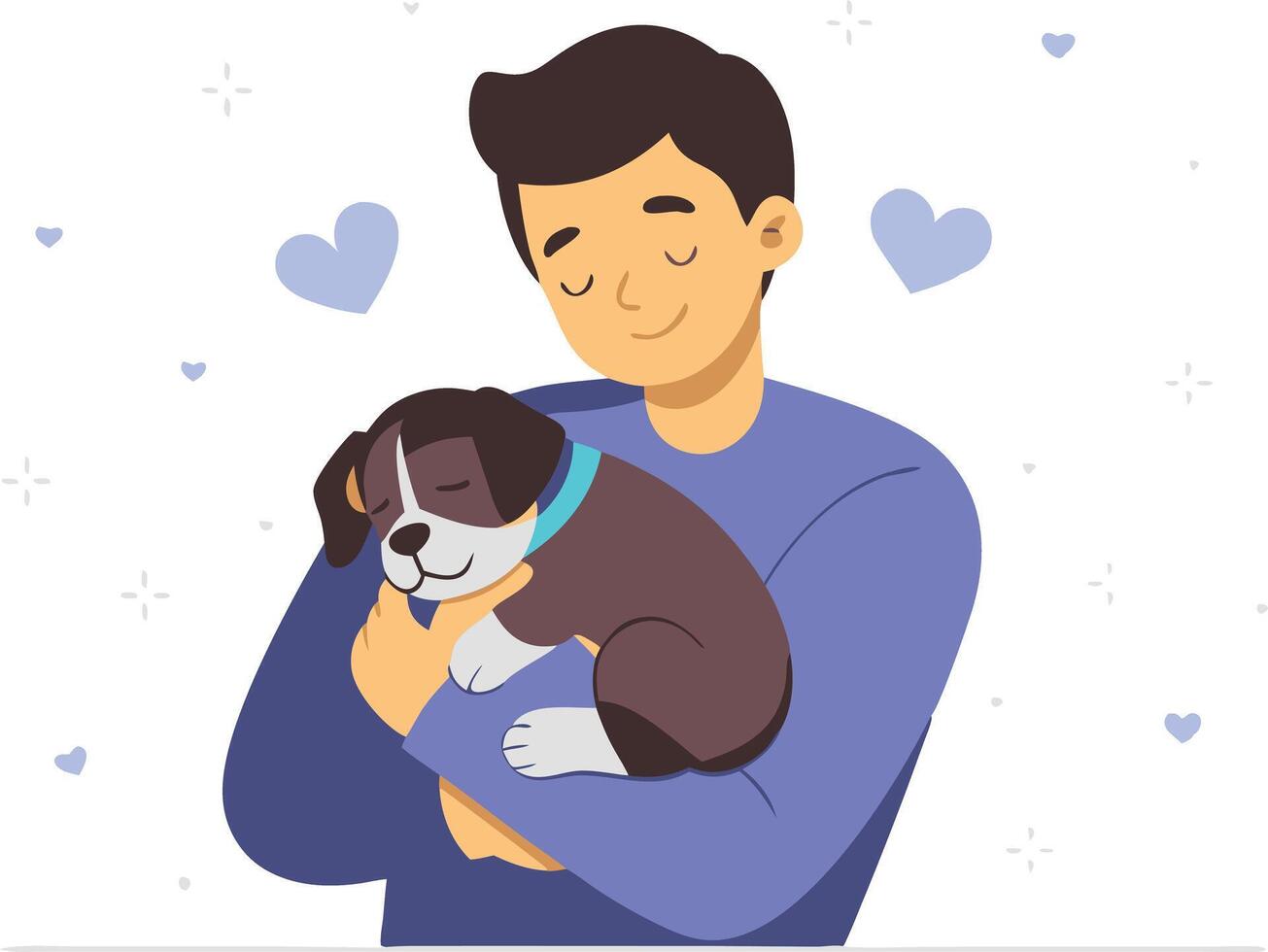Man holding a puppy and smiling, expressing love and care for his pet in illustration vector