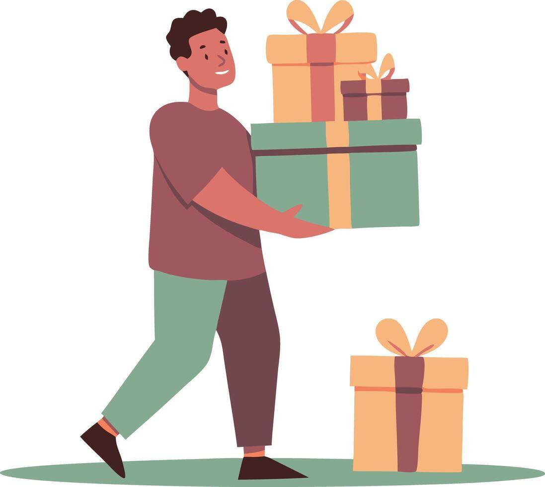 Man walking with a stack of gift boxes, symbolizing the spirit of giving and celebration vector