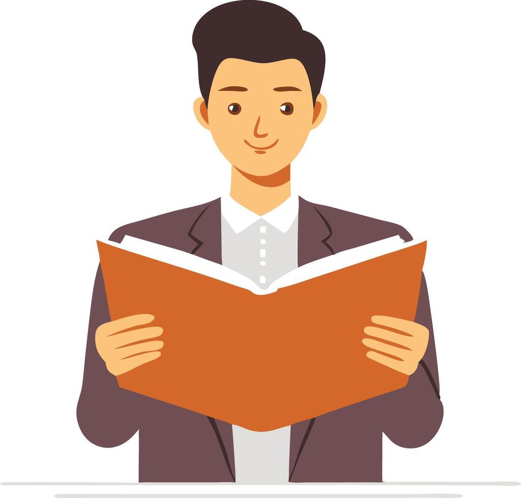 Man reading a book with focus, symbolizing learning, knowledge, and study in illustration vector