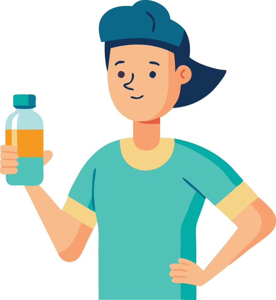 Boy holding a water bottle, symbolizing hydration and staying healthy in illustration vector