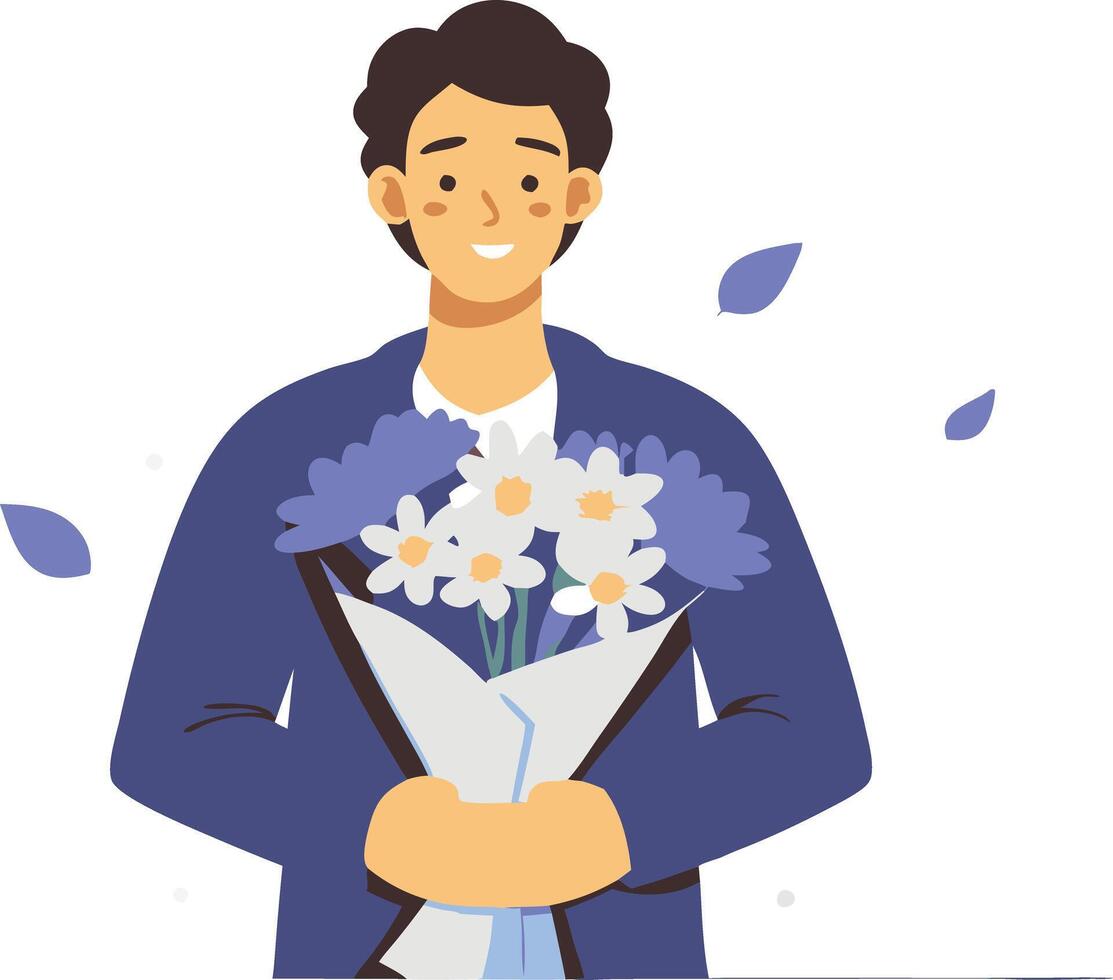 Man holding a bouquet of flowers with a joyful expression, symbolizing love and celebration vector