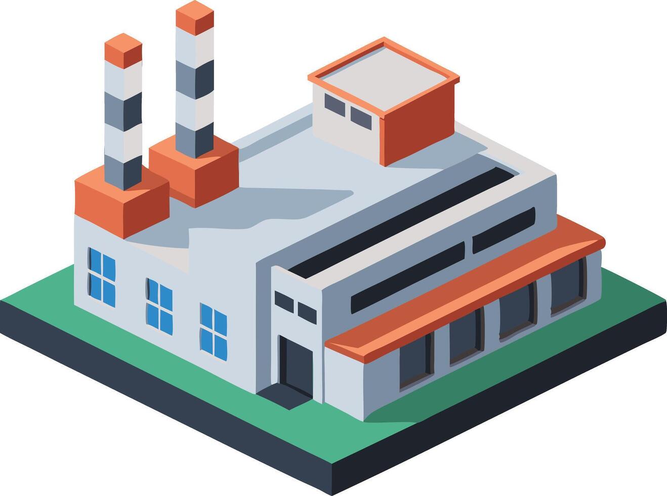An isometric factory representing industrial production and manufacturing process vector