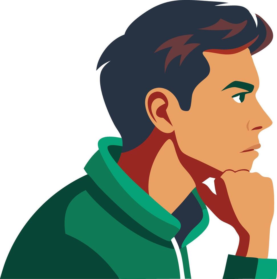 Man resting his chin on his hand, symbolizing thoughtfulness, reflection, and planning vector