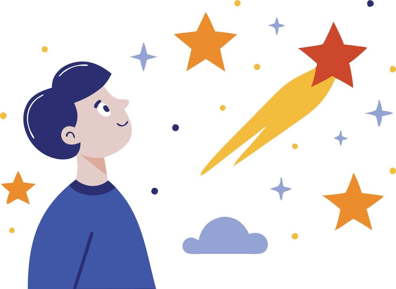 Boy looking at a shooting star with amazement, symbolizing dreams and wonder in illustration vector