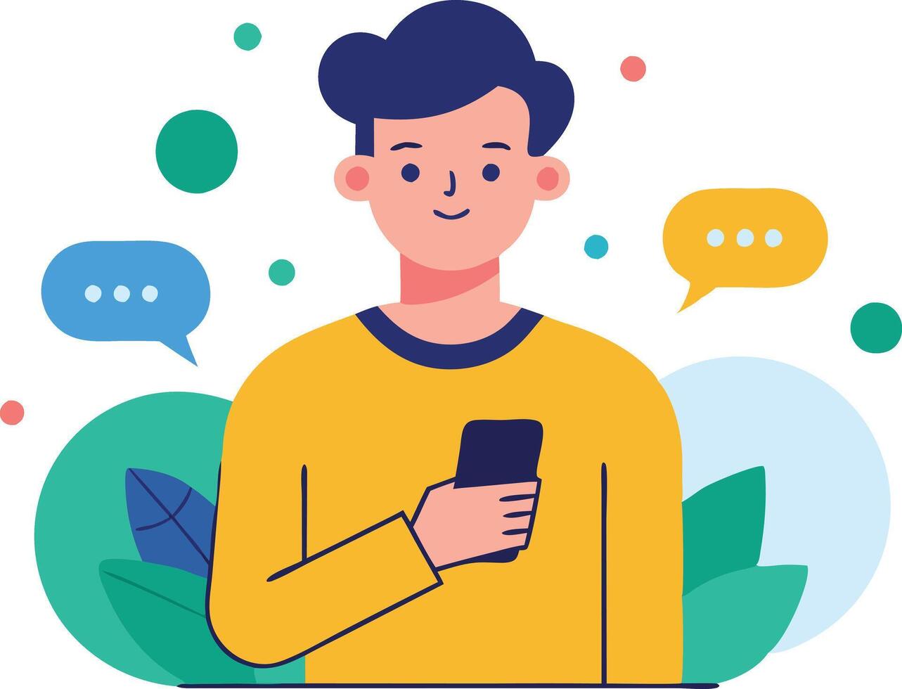 Boy holding a smartphone and texting, symbolizing communication, technology, and social interaction vector