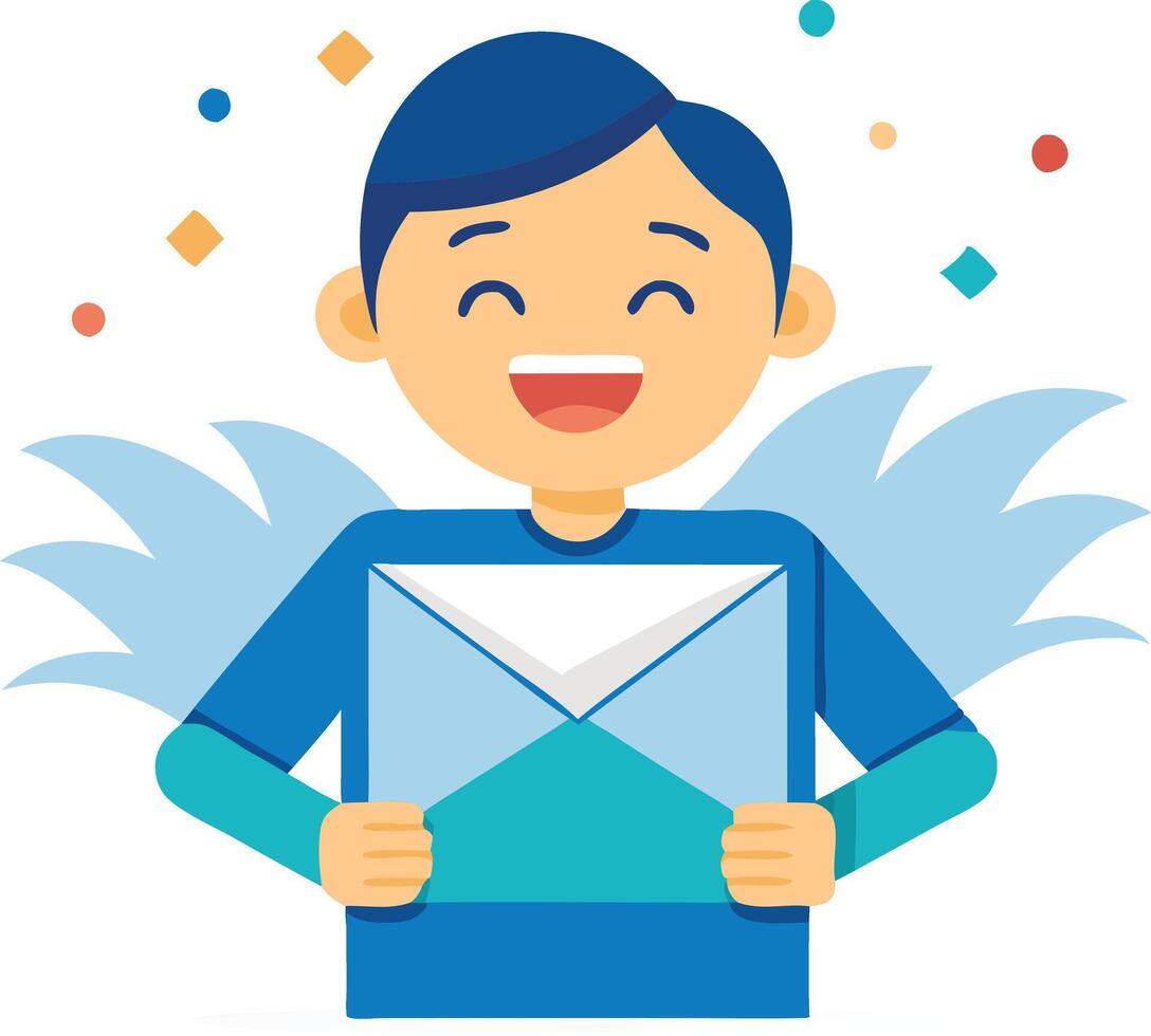 Boy holding an envelope with excitement, symbolizing communication, mail, and celebration vector