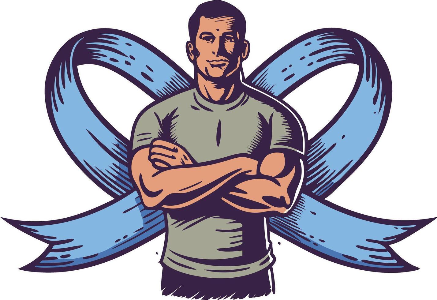 Strong man standing confidently in front of a blue awareness ribbon symbolizing support vector