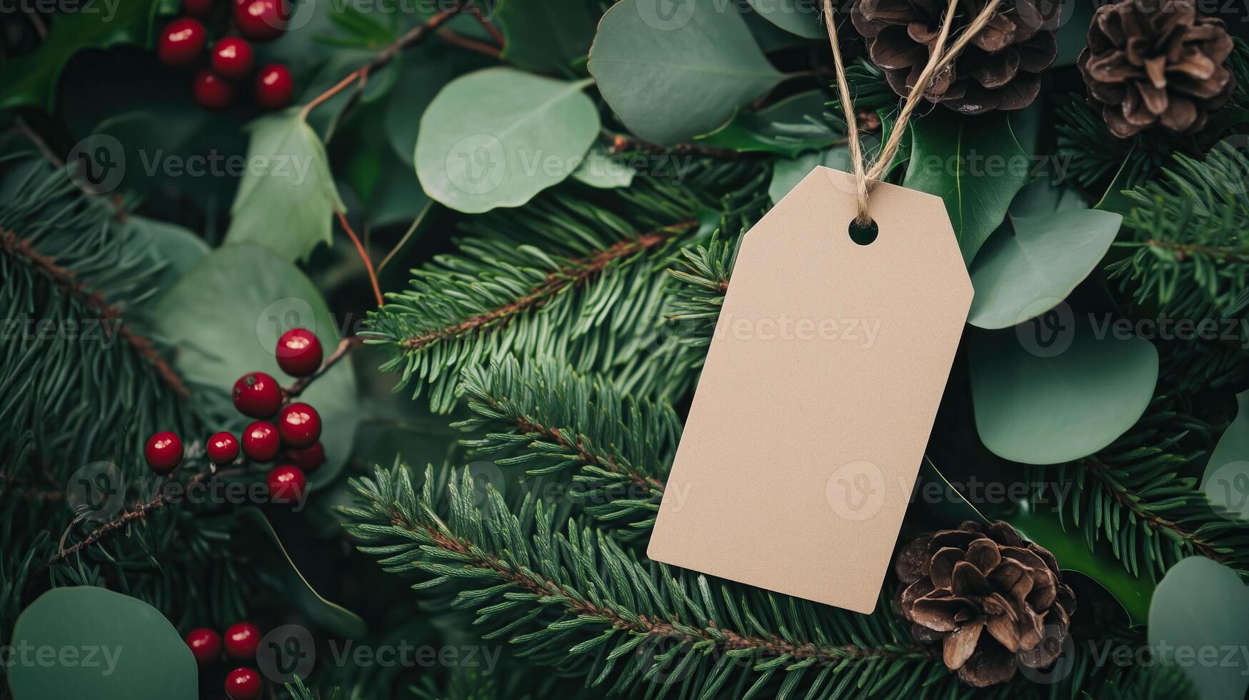 A blank tag is attached to a vibrant Christmas wreath photo