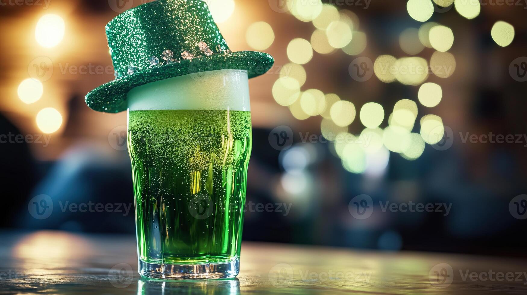 A glass of green beer adorned with a sparkling hat captures photo