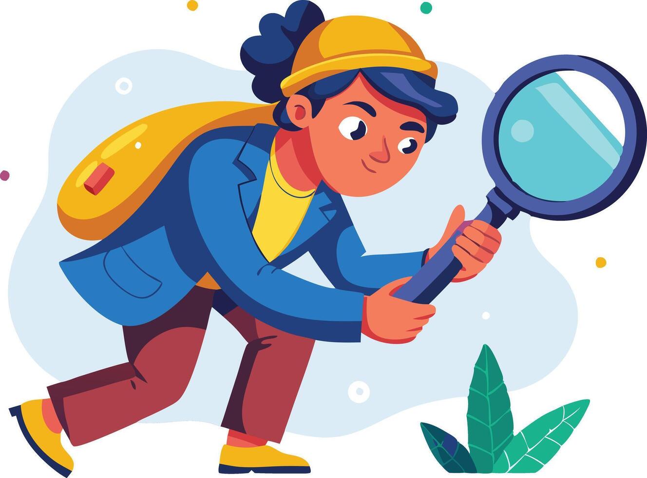Girl dressed as a detective, holding a magnifying glass and searching for clues in illustration vector