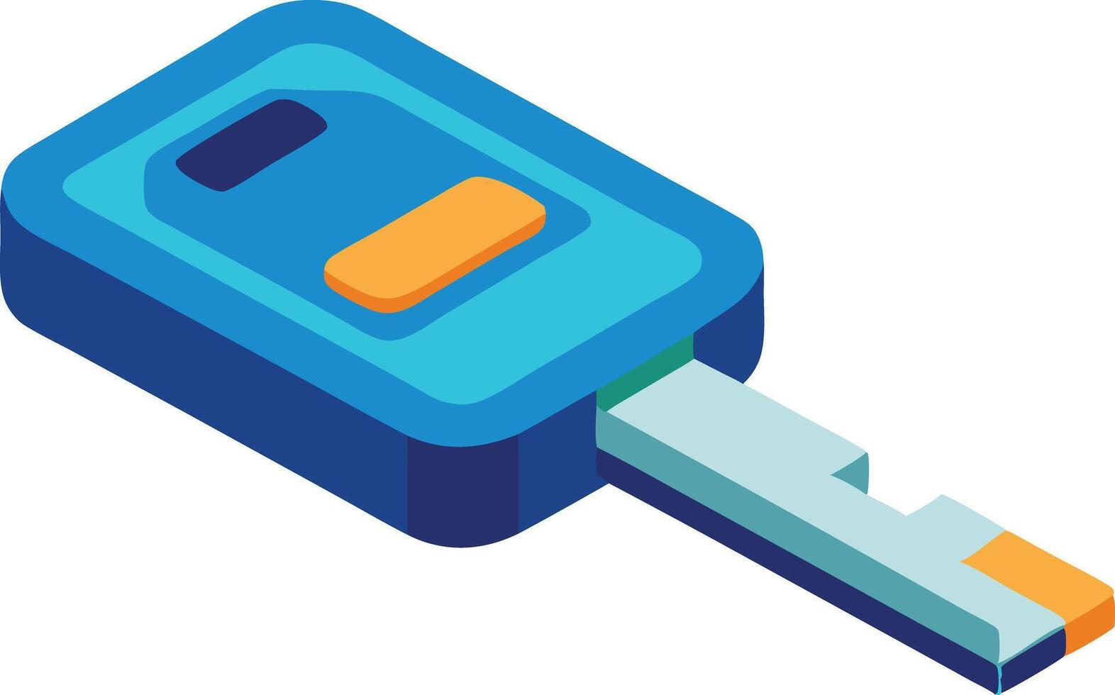 Isometric key in blue and orange, symbolizing access and security in technology vector