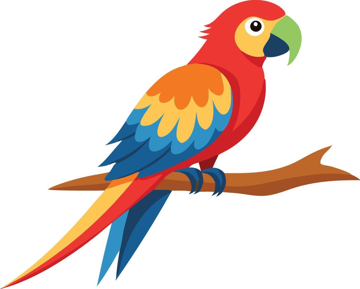 Parrot with vibrant feathers perched on a branch in a colorful illustration vector