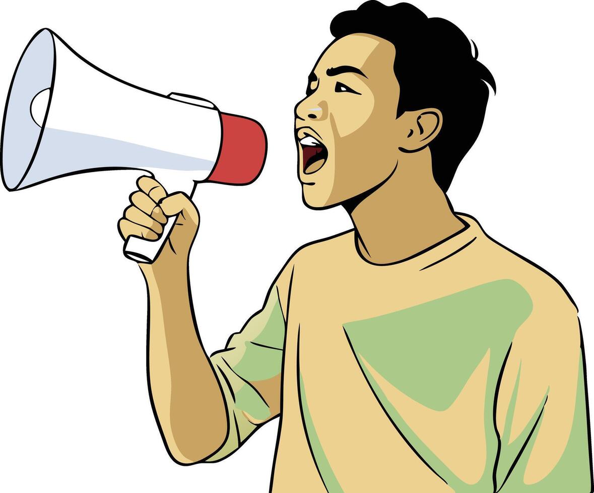 Man shouting through a megaphone, symbolizing communication, leadership, and motivation vector