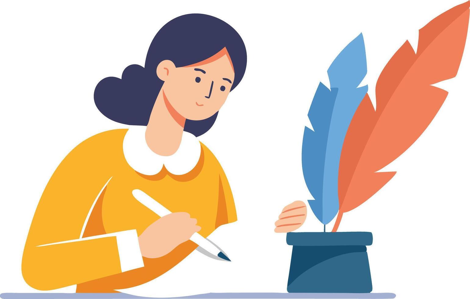 Woman writing with a feather pen, symbolizing creativity, literature, and inspiration in illustration vector